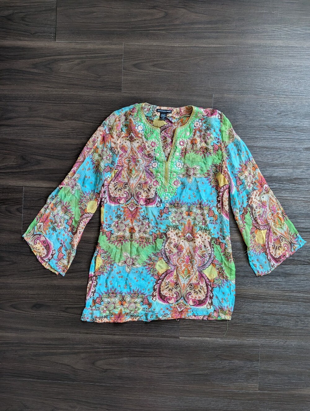 Saint Tropez West 100% Silk Paisley Tunic Sheer Top M Flowy Maximalism Boho